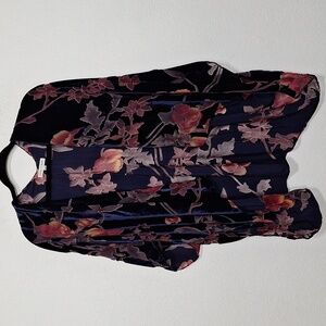 Woven Heart Navy Blue Burgundy Floral Whimsigoth Burnout Velvet Duster One Size